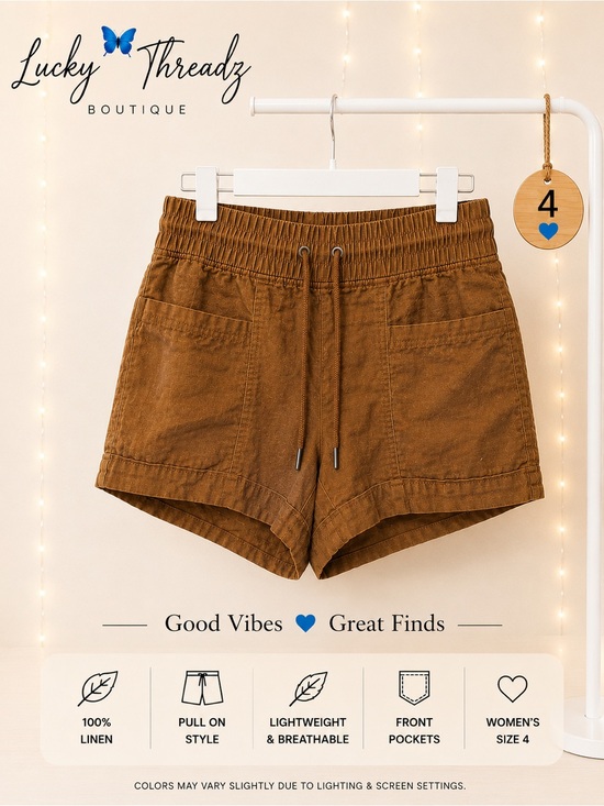 Athleta Pants - Athleta Cabo 100% Linen Pull On Shorts Women’s 4 Brown Drawstring Pockets Summer